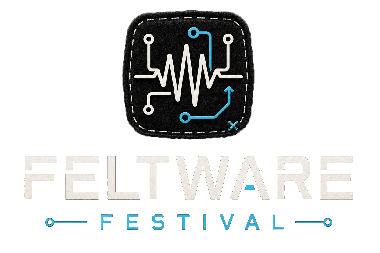 Feltware Festival narrative emblem with a black stitched patch, white waveform, blue circuit lines, and the words Feltware Festival on a black background.