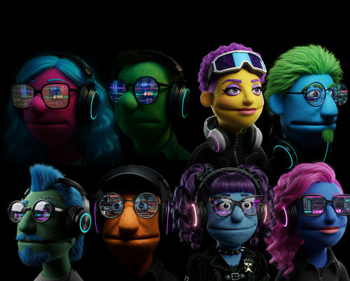 Bobku promotional hero image featuring eight original puppet producer personas on a dark festival-style background