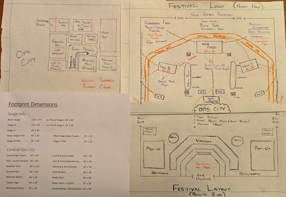 Detailed Feltware Festival site layout sketch showing stages, Ops City, haul roads, gates, and support infrastructure.