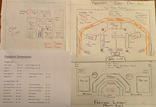 Hand-drawn Feltware Festival layout sketches showing north/south site plan, Ops City blocks, and footprint dimensions.