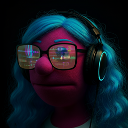 Loopette, a magenta felt puppet with blue hair, glasses, and studio headphones.