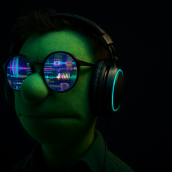 Phase, a green felt puppet wearing large headphones and a dark shirt in moody studio lighting.
