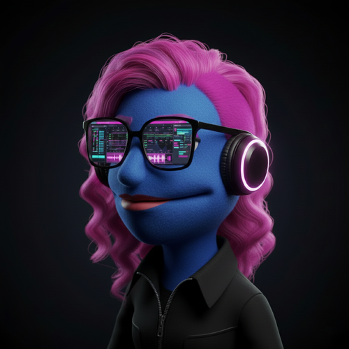 Riff, one of the producer personas of Bobku, a blue felt puppet with long wavy magenta hair, big square glasses reflecting a DAW session, and glowing pink-ring headphones, wearing a black jacket.